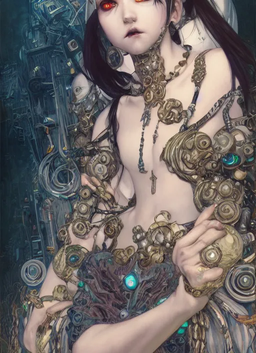 Prompt: portrait of cute beautiful young gothic maiden, cyberpunk, Warhammer, highly detailed, artstation, illustration, art by Gustav Klimt and Range Murata
