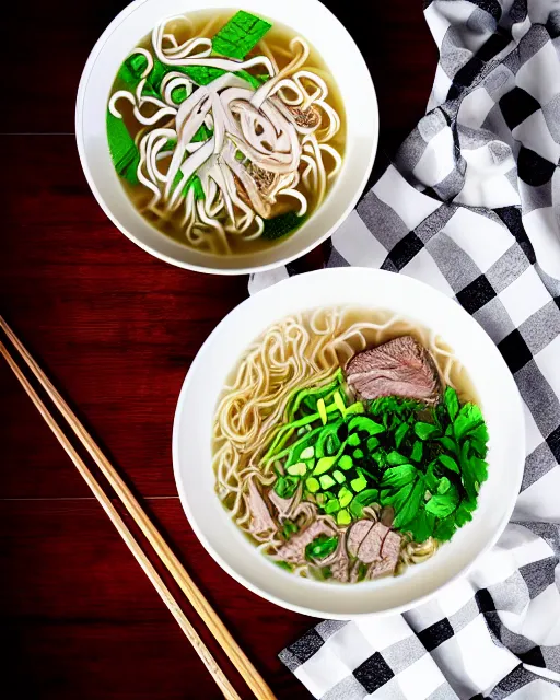 Prompt: realistic photo of delicious pho, ramen, bowl, white kitchen table, cloth, highly detailed, by marc haydon, kailee mandel, masterpiece, award winning, food photography