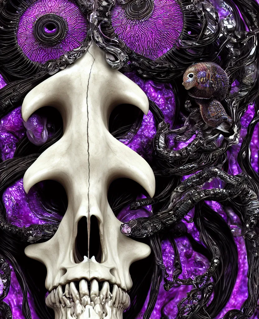 Image similar to goddess princess face close-up portrait ram skull. sculpture made of black and dichroic. jellyfish phoenix head, nautilus, orchid, skull, betta fish, bioluminiscent creatures, intricate artwork by Tooth Wu and wlop and beeple. octane render, trending on artstation, greg rutkowski very coherent symmetrical artwork. cinematic, hyper realism, high detail, octane render, 8k