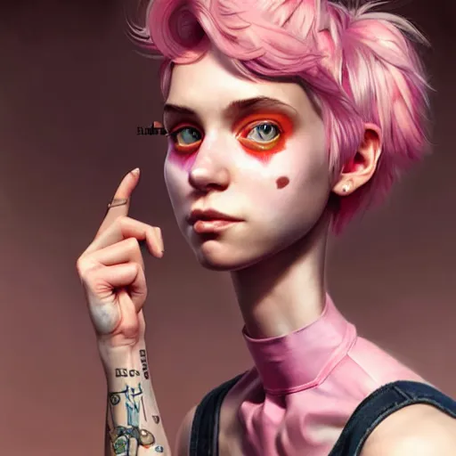 Image similar to full body pose, pixar, beautiful androgynous girl, pink pixie cut hair, torn overalls, short shorts, combat boots, fishnets, beautiful, highly detailed face, true anatomy!, extremely detailed!, digital painting, unreal engine 5, art by tom bagshaw