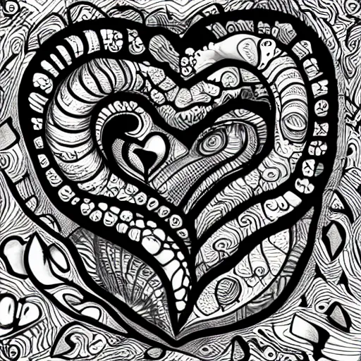 Prompt: black and white illustration, heart mixed with a sea shell