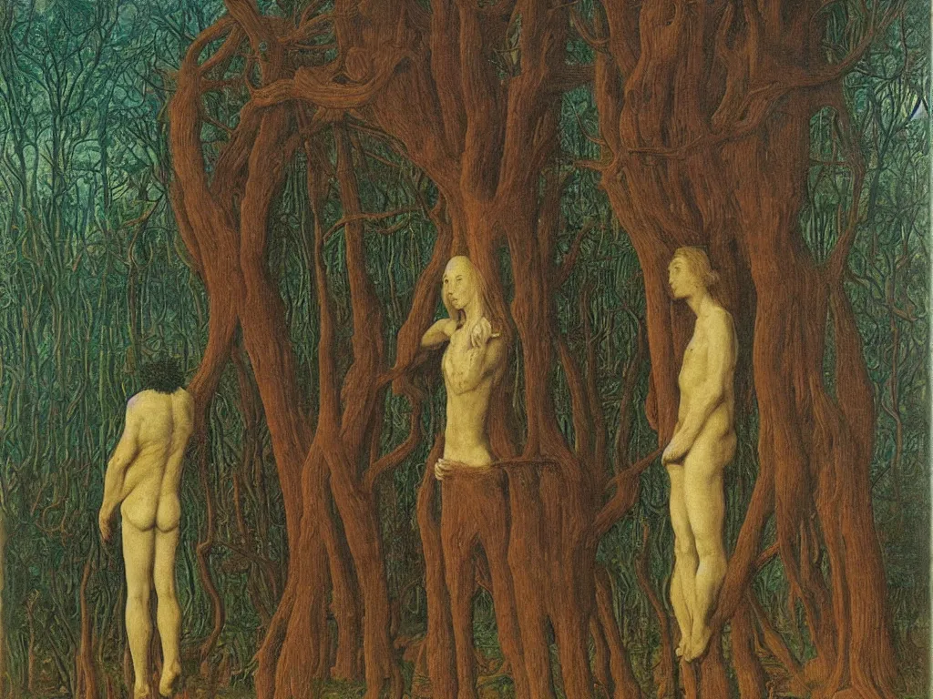 Image similar to Portrait of melancholic non gendered person coming from the future in spiked cloth. Background with the giant totemic forest. Sleepless night. Painting by Jan van Eyck, Rene Magritte, Jean Delville, Max Ernst, Maria Sybilla Merian