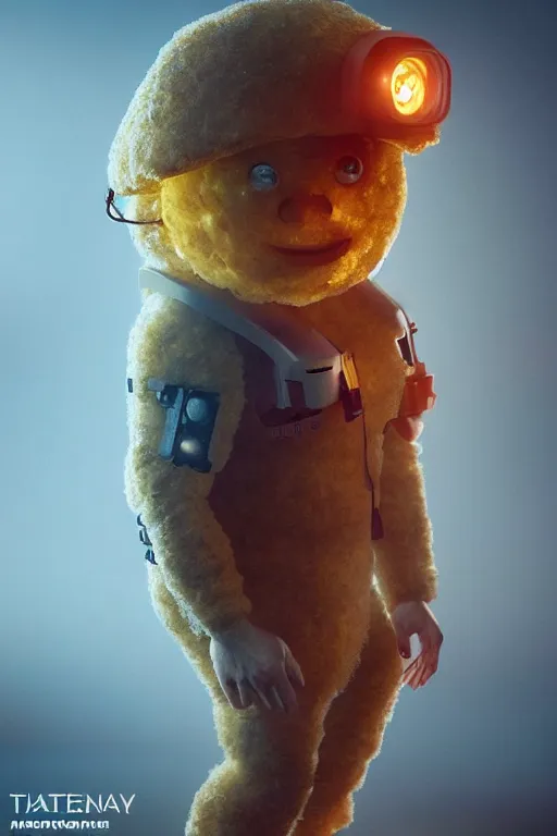 Image similar to channing tatum in a tater tot costume, tater tot face, ef 8 5 mm f 1. 8 usm, bionic scifi alexandre ferra, hyper detailed, digital art, trending in artstation, cinematic lighting, studio quality, smooth render, unreal engine 5 rendered, octane rendered