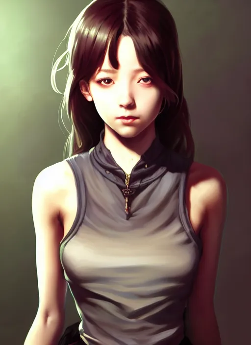 Image similar to portrait of a full body of beautiful young female detective, d & d, sleeveless turtleneck, fantasy, flat lighting, intricate, highly detailed, digital painting, artstation, concept art, smooth, sharp focus, illustration, misa amane, art by simon bisley and greg rutkowski and alphonse mucha, natural tpose