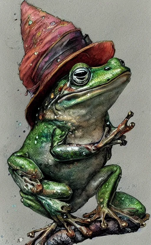 Prompt: detailed frog with a wizard hat by Jean-Baptiste Monge and frank frazetta , post processing, painterly, book illustration watercolor granular splatter dripping paper texture, ink outlines, painterly, trending on artstation, trending on pinterest childrens art