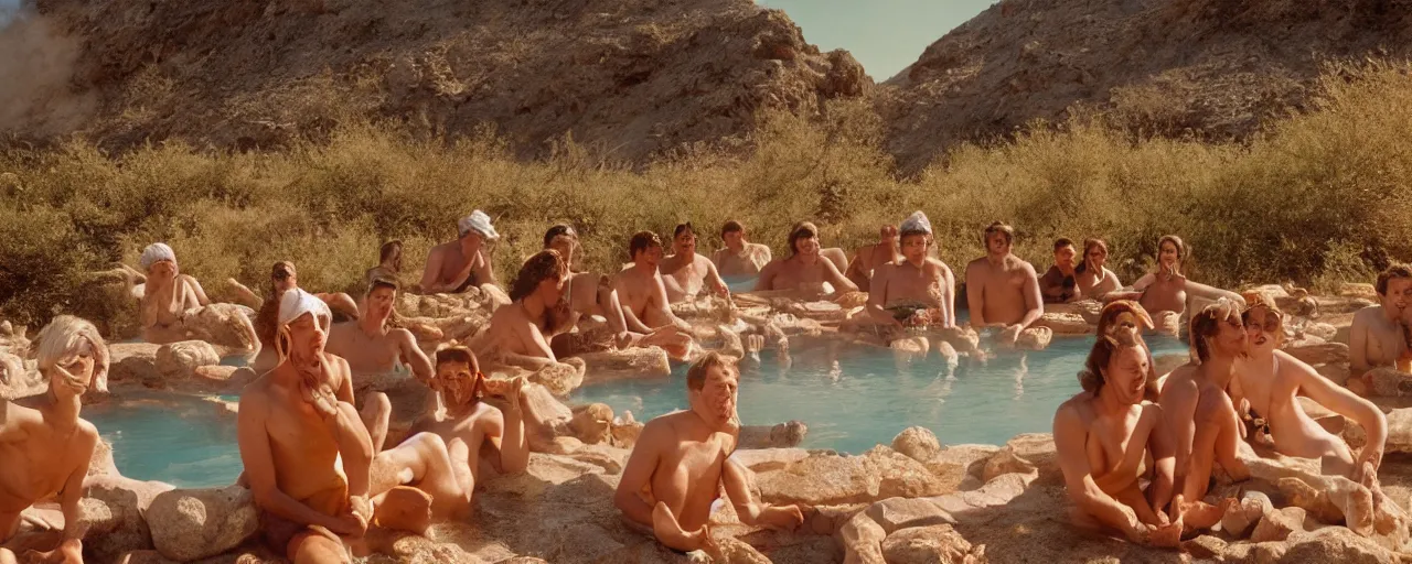 Image similar to people at a natural hot springs of with spaghetti, desert, sunset, kodachrome, in the style of wes anderson