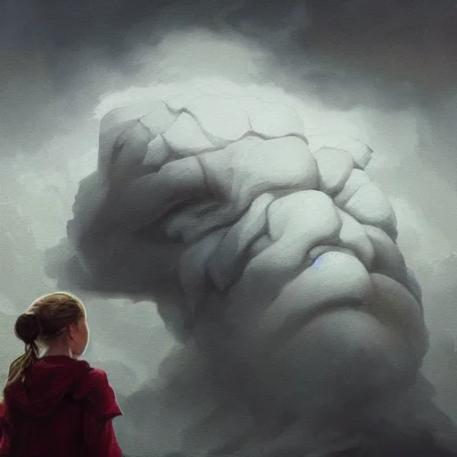 Prompt: abstract painting of giant Greta Thunberg smiling evil emperor of the world emerging in dark clouds, noxious, cosmic horror, evil, dangerous, trending on ArtStation, masterpiece, by Greg Rutkowski, by Ross Tran, by Fenghua Zhong, octane, lightbeam eyes, soft render, clear facial features, oil on canvas, moody lighting, cinematic, professional environment concept art