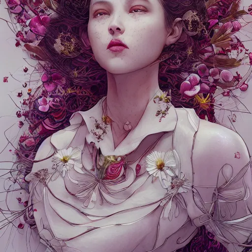 Image similar to the portrait of an absurdly beautiful, graceful, elegant, sophisticated, fashionable young woman made of strawberries and white petals looking down, an ultrafine hyperdetailed illustration by kim jung gi, irakli nadar, intricate linework, bright colors, octopath traveler, final fantasy, unreal engine 5 highly rendered, global illumination, radiant light, detailed and intricate environment