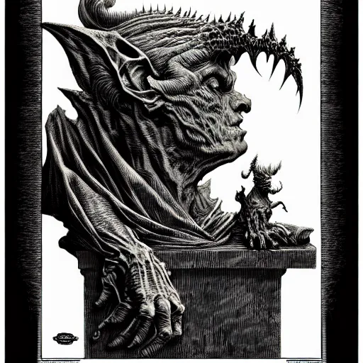 Image similar to gargoyle portrait soft light, by bernie wrightson and joe fenton, inspired victorian, etching, fine, sharp high detail, duotone screen print,