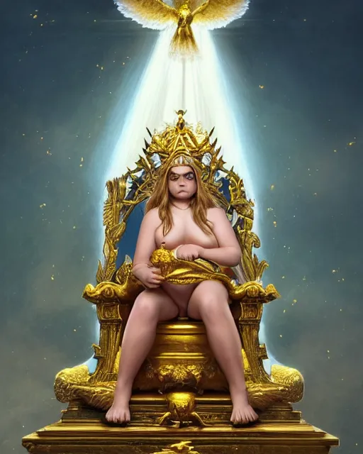 Image similar to cute chubby cara delevingne as a heavenly queen sitting on a golden throne, anatomy, bathed in light, highly detailed, photorealistic, artstation, smooth, sharp focus, illustration, unreal engine 5, 8 k, art by artgerm and greg rutkowski and edgar maxence