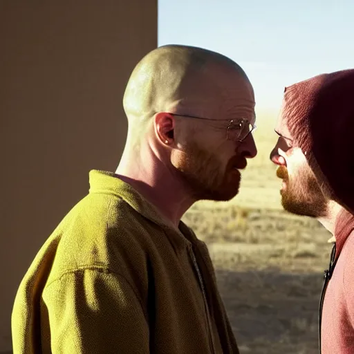 Image similar to walter white kissing jesse pinkman on the lips, hd still from the show breaking bad