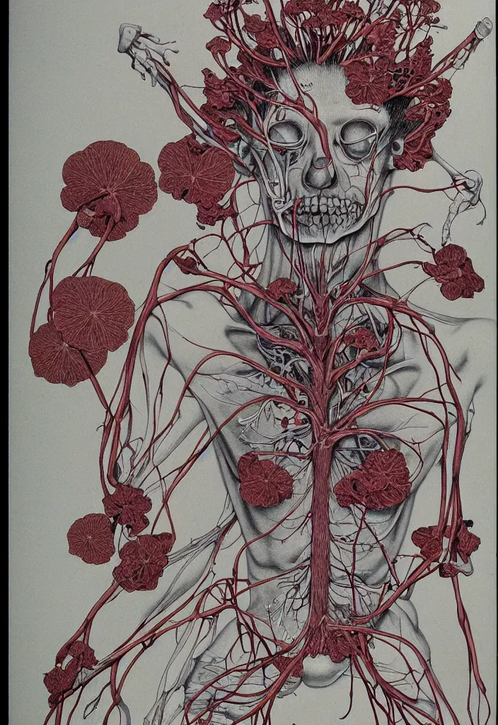 Image similar to prompt: anatomy dissection drawing veins and leaf blood system human shaped flower character drawn by Takato Yamamoto, petals and flower head, flower anatomy atlas, veins and organs attached to flower head, alchemical objects inspired by 1980's sci-ci, old experimentation cabinet, intricate oil painting detail, manga 1980