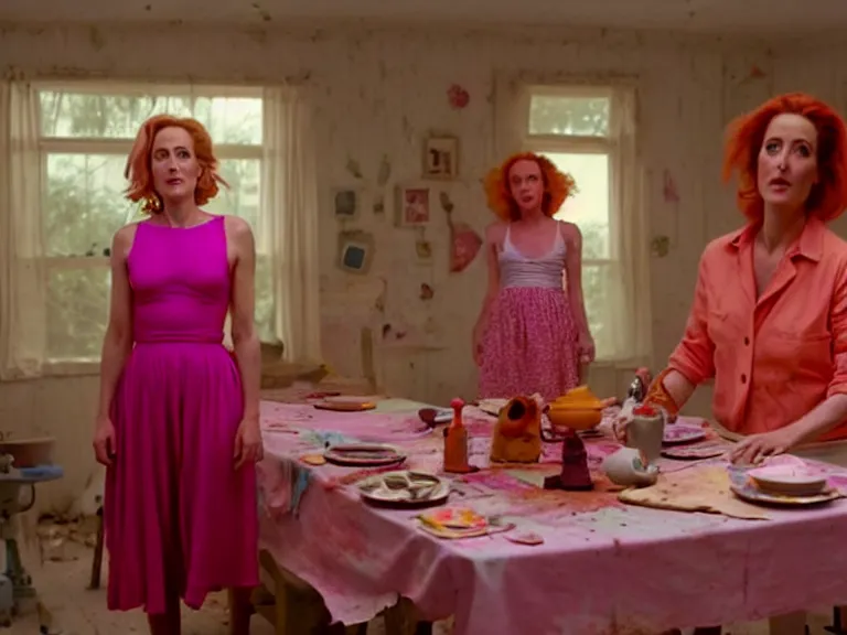 Prompt: a scene from a quirky, bright and cheerful post - apocalyptic movie, starring gillian anderson that fights the dread of the end of the world by decorating the scorched remains of the midwestern town she lives in with kitchy party decorations in shades of pink, orange and silver by director wes andersson and, blue - ray screenshot, filmed by roger deakins