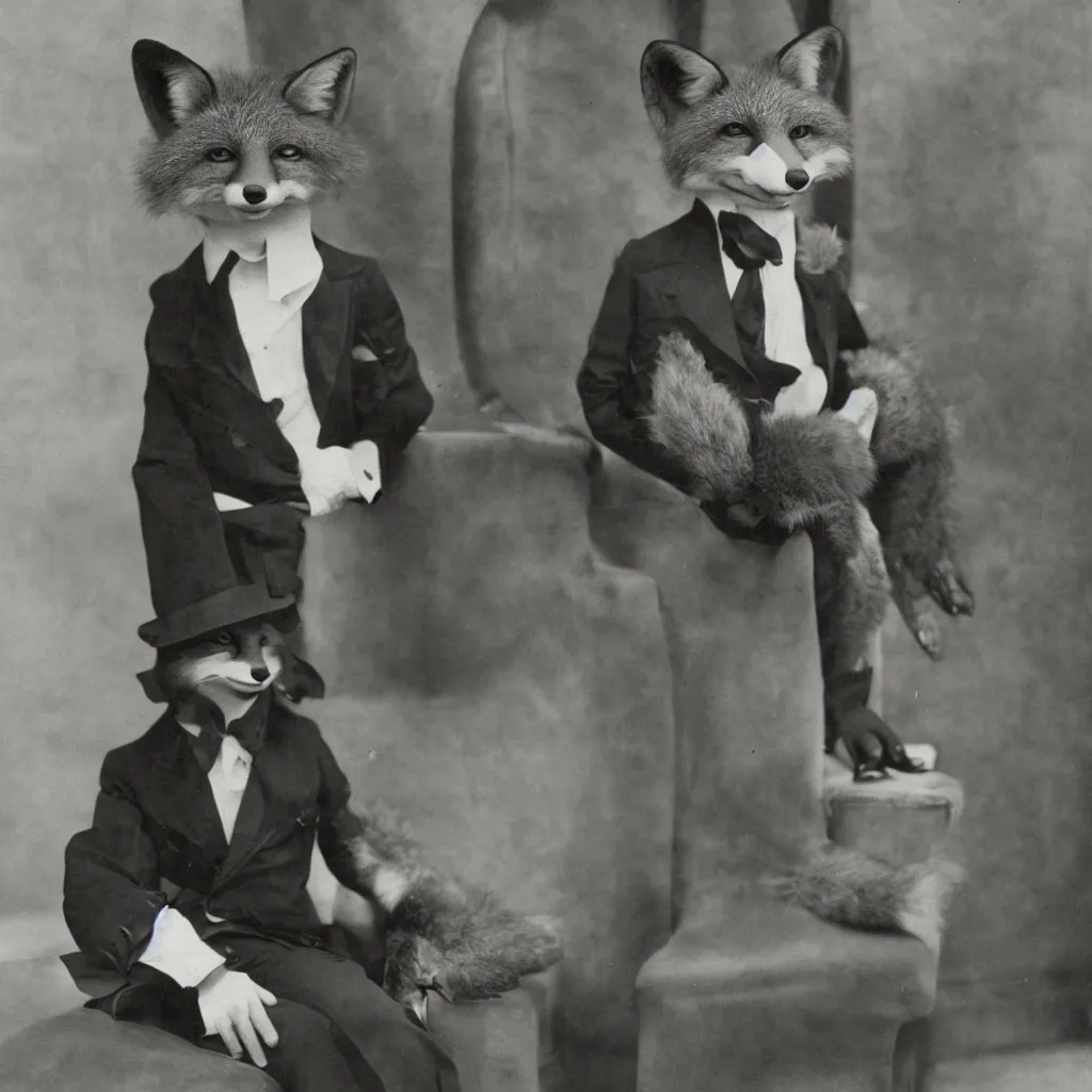 Image similar to anthropomorphic fox in suit sitting in the lobby of a luxury hotel, anthro, furry, 1 9 2 0 s photograph