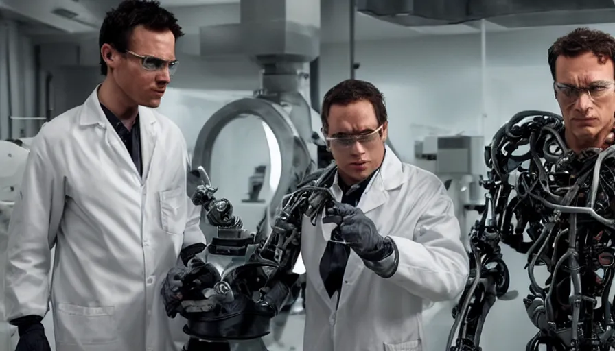 Image similar to big budget action movie about scientists building a cyborg.