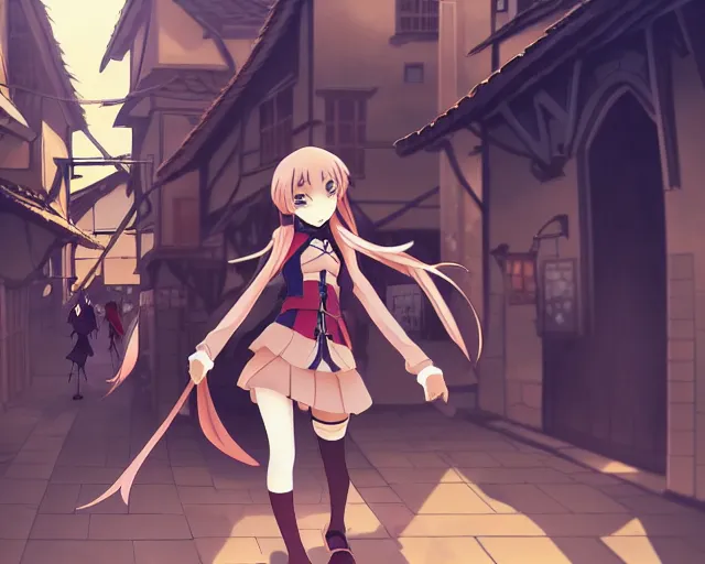 Prompt: anime visual, portrait of a young female walking through a busy medieval village, yoshinari yoh, dynamic pose, dynamic perspective, detailed silhouette, cel shaded anime