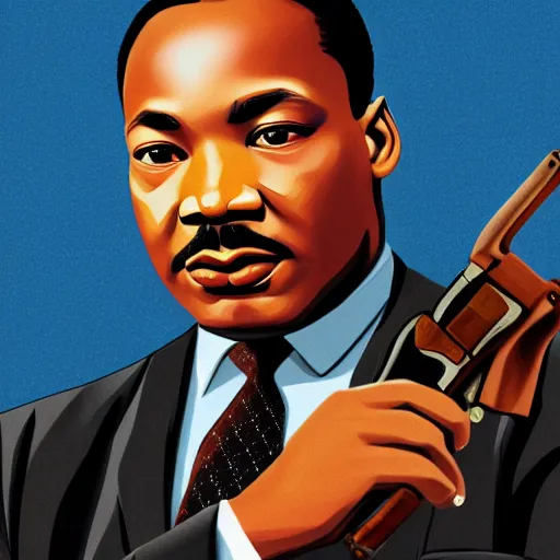 Image similar to martin luther king jr holding a colt rifle, photorealistic