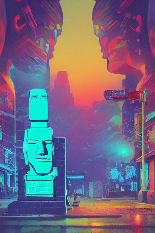 Prompt: synthwave geometric moai statue digital illustration cartoon graffity street comics colorful beeple, by thomas kinkade