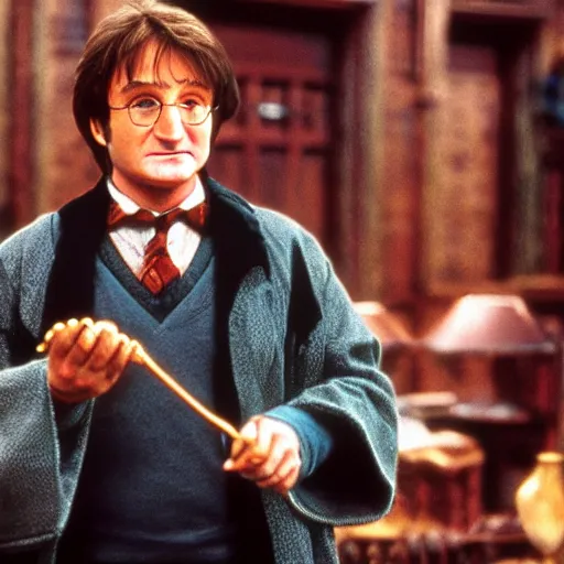 Prompt: Robin Williams playing Harry-Potter in Harry Potter, screenshot