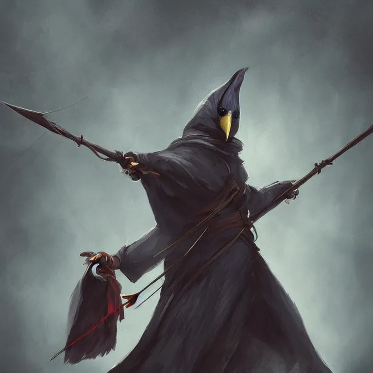 Image similar to “a Kenku in a hooded cloak holding a bow and arrow, fantasy art, digital art, 4K”