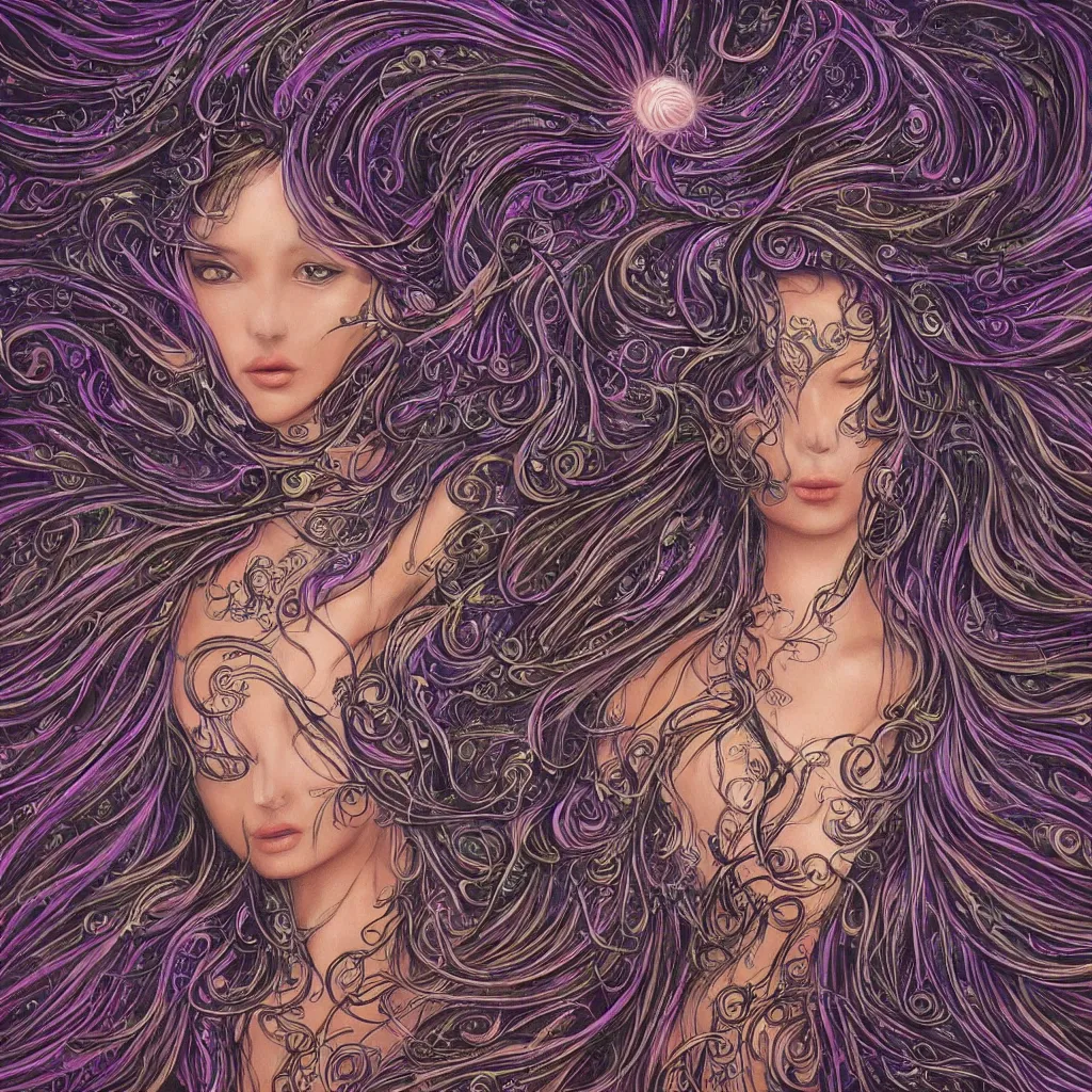 Prompt: goddess dancing in the dark, flowing hair, fantasy, surreal, intricate and very beautiful and elegant, highly detailed, digital painting, trending on artstation, concept art, smooth and sharp focus, illustration, art by alex grey