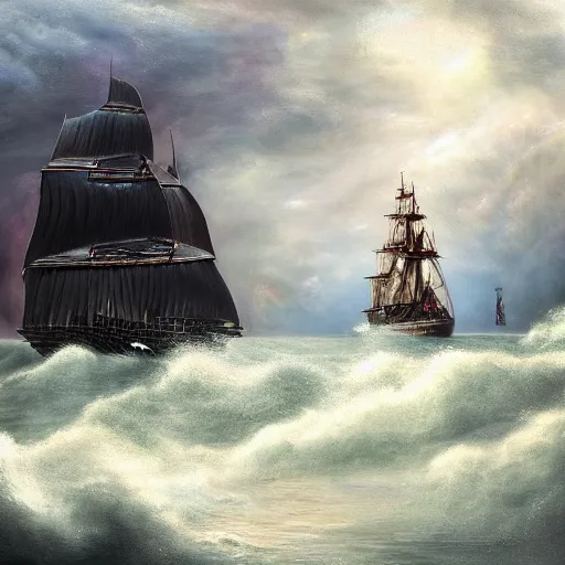 Prompt: the black pearl sailing through a thunderstorm, artstation hall of fame gallery, editors choice, #1 digital painting of all time, most beautiful image ever created, emotionally evocative, greatest art ever made, lifetime achievement magnum opus masterpiece, the most amazing breathtaking image with the deepest message ever painted, a thing of beauty beyond imagination or words