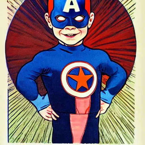 Image similar to a little boy with a mischievous face and short ginger hair. he is dressed as captain america, spider - man, batman, captain marvel, a superhero. well composed, clean elegant painting, beautiful detailed face. by steve ditko and jack kirby and alphonse mucha