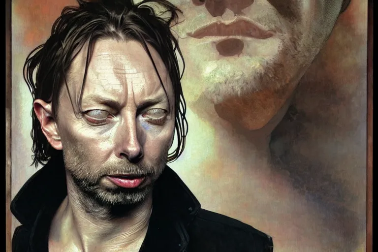 Image similar to hyper realistic portrait of wider face thom yorke on stage, by lee bermejo, alphonse mucha and greg rutkowski