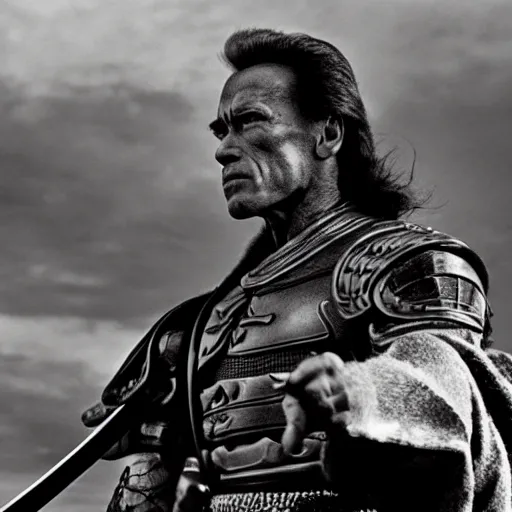 Prompt: an film still of arnold schwarzenegger as samurai, cinematic, dramatic action