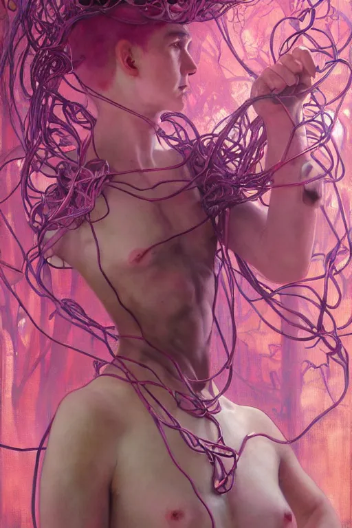 Image similar to hyperrealist portrait of elijah zu bailey, pink, it is decorated with long wires that fall like vines and wears small computers over their body. by jeremy mann and alphonse mucha, fantasy art, photo realistic, dynamic lighting, artstation, poster, volumetric lighting, very detailed faces, 4 k, award winning