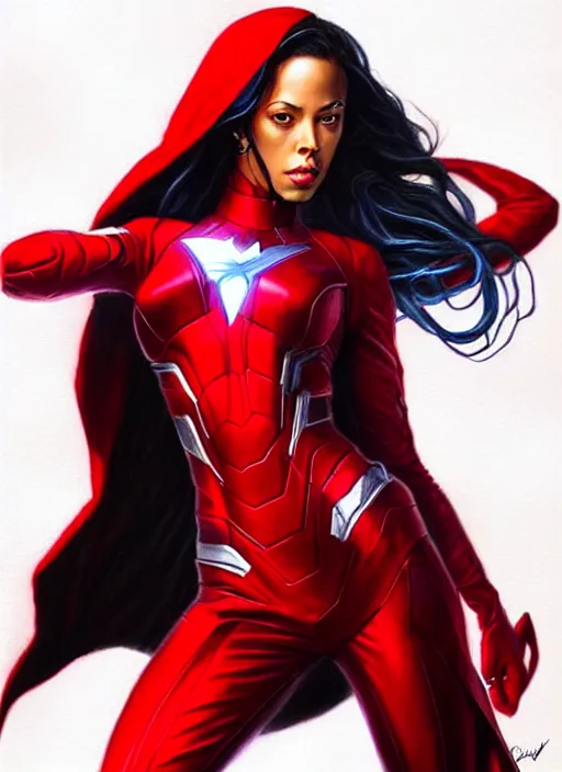 Image similar to full body portrait of marvel cinematic universe aaliyah haughton, red eyes, scarlet witch, elegant, avengers, super hero, red outfit, highly detailed!! digital painting, artstation, glamor pose, concept art, sharp focus, illustration, art by artgerm and greg rutkowski, artey freytag