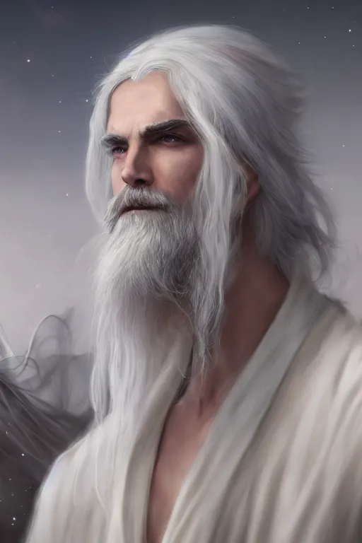 Image similar to white haired robe fu xi full male front body portrait, distant view, very long white beard and hair, long hair shawl, fine kindness delicate prefect face features gaze, piercing eye, elegant, style of tom bagshaw, cedric peyravernay, peter mohrbacher, victo nga, 4 k hd illustrative wallpaper, animation style, chinese style