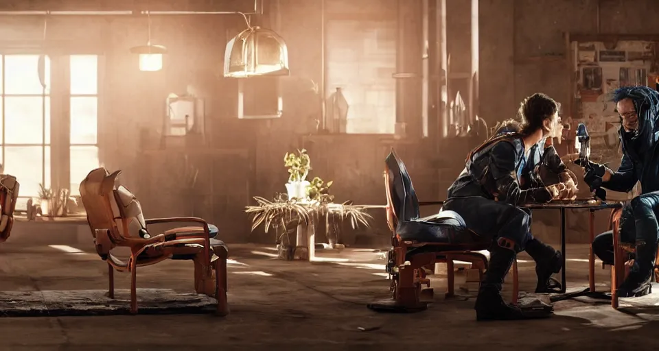 Image similar to impressive small close cinematography scene featuring bio - punk aesthetic furniture. close shot of two characters discussing an important topic. film still from the new live - action adventure movie. special effects from the studios called industrial light & magic, weta.