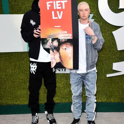 Image similar to eminem with a sign saying i love nfts