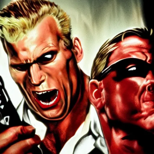 Image similar to Duke Nukem as The American Psycho, staring intensely, Duke Nukem art style, explosive background, cinematic still