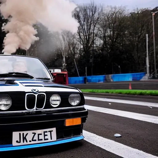 Image similar to greta thunberg with a bmw m 3 e 3 0 in the background, spewing black smoke from it's exhaust