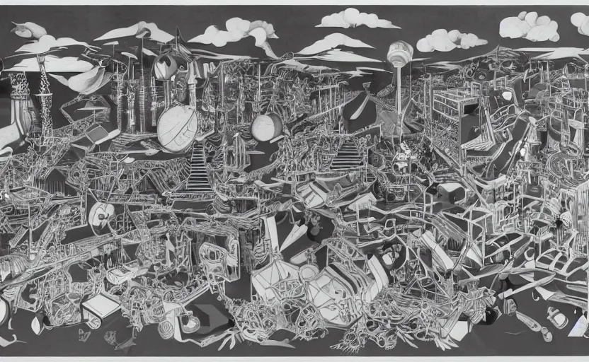 Image similar to the discovery of modularity illustrated by Boris Artzybasheff, imposing and playful, a dark tinge, wires