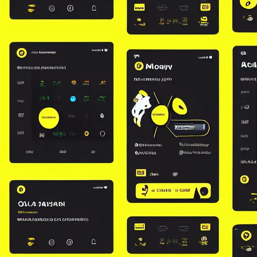 Image similar to a full ux layout of a mechanical dog dashboard and marketplace mobile app for ios with a black and yellow theme.