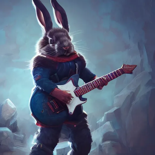 Image similar to An epic fantasy comic book style portrait painting of a bunny playing the guitar, unreal 5, DAZ, hyperrealistic, octane render, cosplay, RPG portrait, dynamic lighting