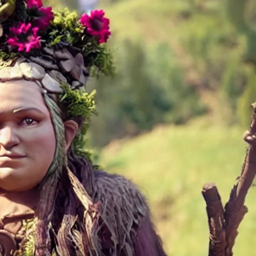 Image similar to deep gnome druid with leather clothing and leaves and sticks in her hair, photo from the movie midsommar