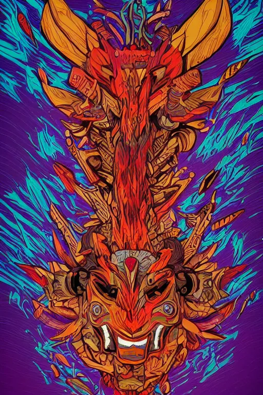 Image similar to totem animal tribal chaman vodoo mask feather gemstone plant wood rock video game illustration vivid color borderlands by josan gonzales and dan mumford radiating a glowing aura