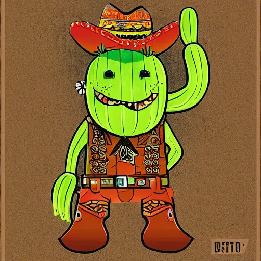 Prompt: anthropomorphic cactus wearing cowboy outfit, higher detailed illustration, badass composition