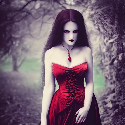 Image similar to A beautiful portrait of a lady vampire, victorian, dracula, ominous, depth of field, 85mm lens, bokeh, photorealism, ultra detailed, irwin penn, high definition, soft light