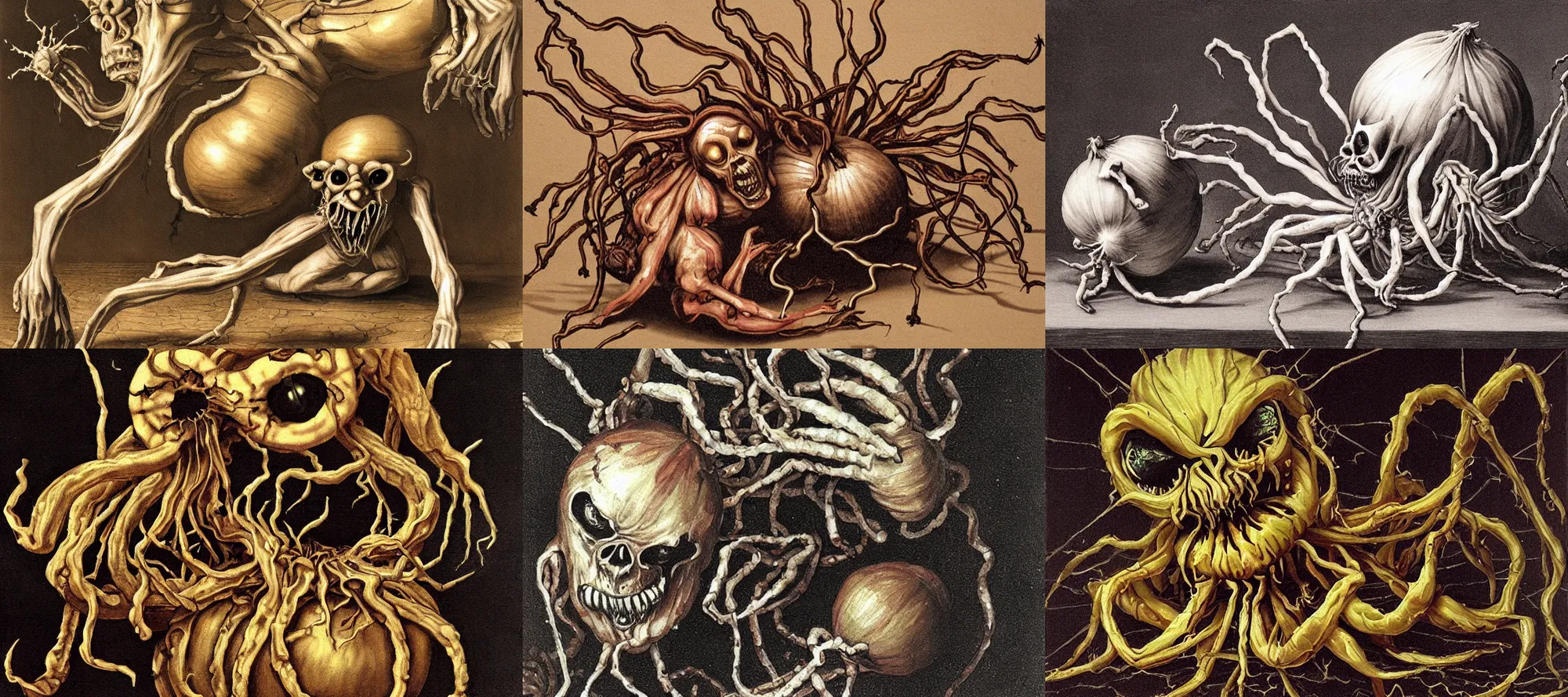 Prompt: onion spider demon, baroque painting, spooky, horrifying, detailed
