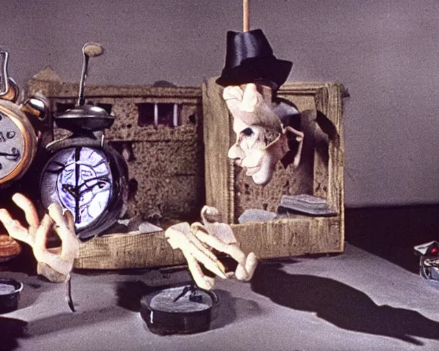 Image similar to still from a 1 9 9 3 surreal creepy live - action stop - motion puppetry film by fred stuhr in the style of a tool music - video, involving prison and clocks.