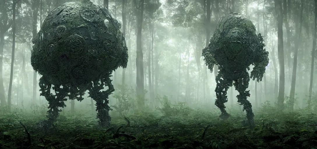 Image similar to a complex organic fractal 3 d metallic symbiotic ceramic humanoid megastructure creature in a swampy lush forest, foggy, sun rays, cinematic shot, isometric, photo still from movie by denis villeneuve, wayne barlowe