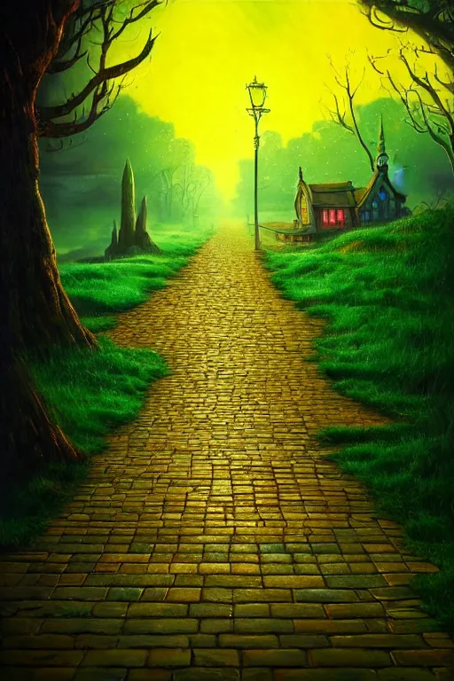 Prompt: beautiful digital oil painting of OZ yellow brick road, painted by Alexander Jansson, colorful,4k unreal engine, Trending on artstation