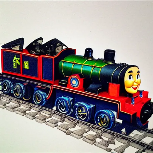 Image similar to hyper detailed photo realistic chinese thomas the tank engine going fast