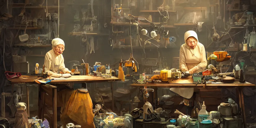 Image similar to an environmental concept art of an elderly russian woman cyberneticist in a cluttered mechanics workshop, surgical implements, surgery table, highly detailed, cinematic, dramatic, cyberpunk