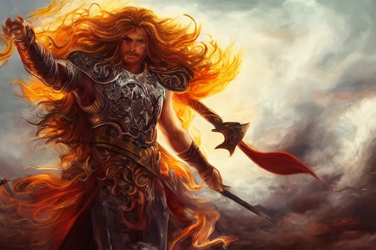 Image similar to a beautiful prince Lucius warrior with long curly blond hair brutally destroys his enemies on the battlefield, wrath flame and ruin, oil painting, trending on artstation